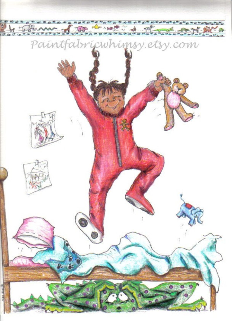 May include: A girl in red pajamas jumps on a bed with a green monster underneath. She is holding a teddy bear and has pigtails. The bed has a blue blanket and a pink pillow. The text "Paintfabricwhimsy.etsy.com" is at the top of the image.