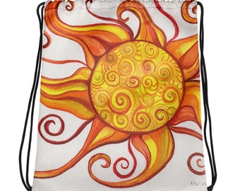 Drawstring bag with Original Art, Watercolor Sun, School, Sport, Dance Bag