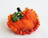 Harvest Pumpkin Folkart Pin - Hand Crafted Batik Autumn Pumpkin with Beaded Stem Brooch