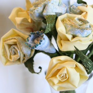 Handmade Everlasting Fiber Art Fabric Flower Bouquet, Blue and Yellow Bouquet, Soft Sculpture Wedding Bouquet Bridal or Gift, Centerpiece