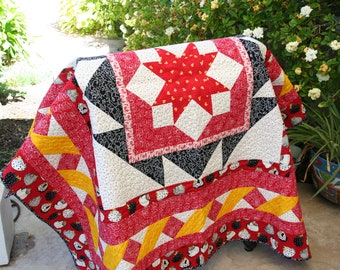 Handmade Quilt, 61 x 61 Florentine Garden Pattern in Farmhouse Chickens with Red, Black and Yellow Accent Fabrics