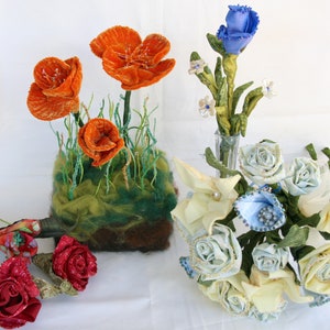 Teal Blue Flowers in Vase, Soft Sculpture Flower, Wedding Centerpiece, Floral Arrangement, Fiber Art Flower image 10