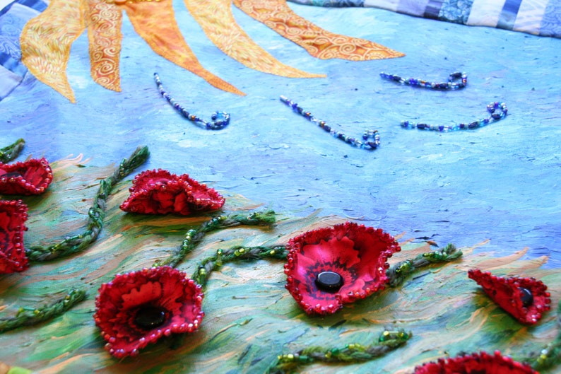 Art Quilt Fiber Art Acrylic Painting with Fabric Flowers Beading, Red Poppy Wall Hanging, Whimsical Art image 3