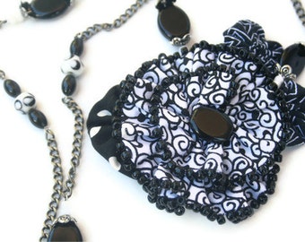 Statement Necklace Beaded Fabric Flower  - Black White Geometrics Chain Necklace, Fiber Art Flower, Hand Made Jewelry