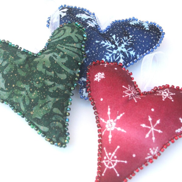 Trio of Holiday Ornaments - Hearts in Christmas Red Holiday Green Winter Blue