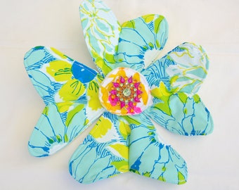 Whimsical Wall Flower, Funky, Fun Wall Decor, 3-D Fiber Art Flower in Aqua, Blue, Yellow, Pink