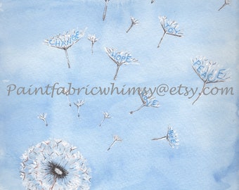 Wishes - Art Print Matted, 8x10, Original Watercolor, Inspirational, Dandelion Painting