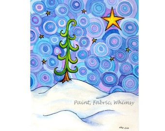 Holiday Pine - Art Print Matted 5x7, Pine Tree Original Watercolor, Holiday Decor, Whimsical Art, Nature Painting, Children Room Decor