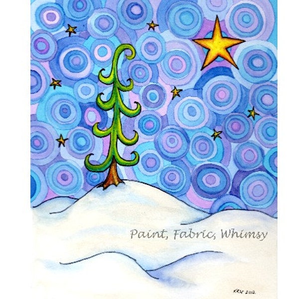 Holiday Pine - Art Print Matted 5x7, Pine Tree Original Watercolor, Holiday Decor, Whimsical Art, Nature Painting, Children Room Decor