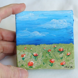 Miniature Original Painting on Canvas 3&quot; x 3&quot;, Doll House Art, Acrylic Painting, Mini Art, Poppy Field, Landscape Painting