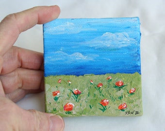 Miniature Original Painting on Canvas 3" x 3", Doll House Art, Acrylic Painting, Mini Art, Poppy Field, Landscape Painting