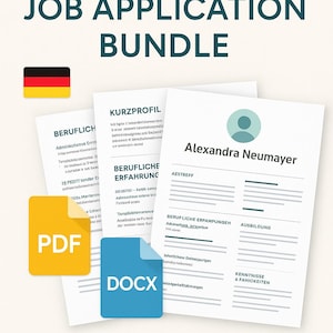 Könnte beinhalten: Ein Bundle mit deutschen Bewerbungsunterlagen, darunter Lebensläufe und ein Interview-Leitfaden. Das Bild zeigt die deutsche Flagge, PDF- und DOCX-Dateisymbole sowie Muster-Lebenslaufvorlagen mit Überschriften wie "Berufliche Erfahrung".