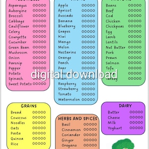 May include: A colorful weaning chart titled "Poppy's Weaning Chart" with lists of vegetables, fruits, proteins, grains, herbs, spices, and dairy. Includes illustrations of a kiwi, carrot, pineapple, and broccoli. Digital download.