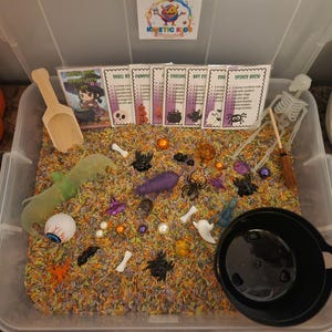 May include: A Halloween-themed sensory bin filled with colorful rice, plastic spiders, bones, and other spooky decorations. Includes a wooden scoop, recipe cards, and a small black cauldron. A fun, engaging activity for kids.