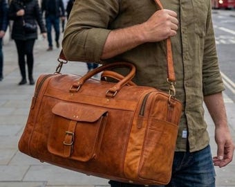 Borsa da weekend in pelle da uomo / Borsone in pelle pieno fiore / Borsa da viaggio personalizzata per la notte / Bagaglio a mano vintage / Regalo per lui