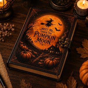 Op de afbeelding: Een rechthoekig hardcover boek met een donkere kaft met een oranje volle maan, het silhouet van een heks op een bezemsteel en de tekst "MEET ME UNDER THE PUMPKIN MOON" boven een pompoenveld en een huis. Het boek heeft een metalen sluiting.