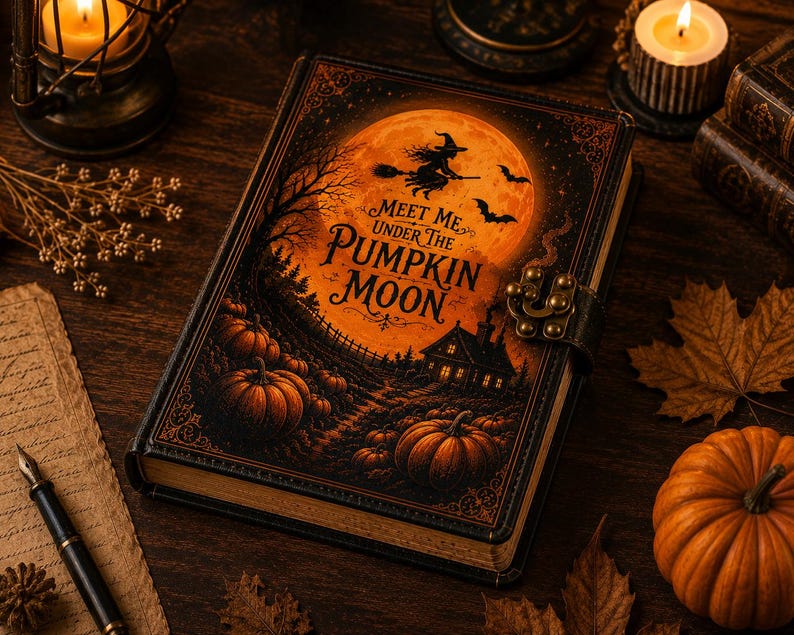 Pumpkin Moon leather journal with glowing moon, flying witch and pumpkin patch artwork. pumpkin moon journal
halloween journal
witchy notebook
autumn journal
leather journal
spooky notebook
witch journal
fall journal
writer gift
book lover gift
halloween gift
fantasy journal
pumpkin notebook harvest moon journal
october journal
pumpkin patch notebook
autumn writing journal
witch aesthetic gift
cozy halloween notebook
spooky season diary