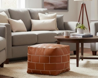 Handmade Moroccan Leather Pouf Ottoman – Brown Square Footstool, Unstuffed