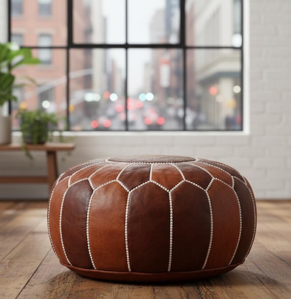 Handmade Moroccan-Style PU Leather Pouf Ottoman, UNSTUFFED Cover