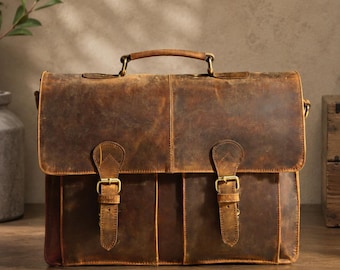 Personalised Leather Laptop Messenger Bag | Vintage Leather Briefcase for Men | 15" Laptop Bag | Handmade Office & Travel Satchel