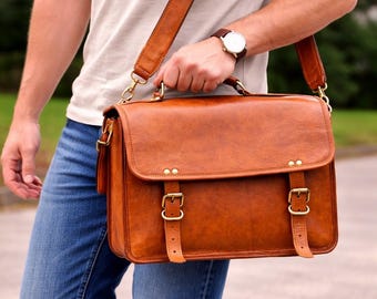 Sac messager en cuir fait main personnalisé : Porte-documents à bandoulière pour ordinateur portable 15 pouces | Cadeau pour lui