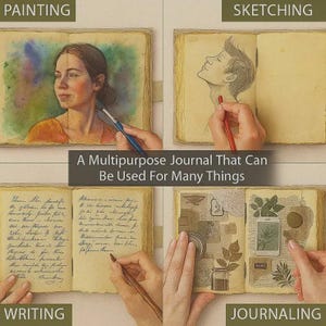 May include: A journal with four panels showing different uses: painting a portrait with a brush, sketching a profile with a red pencil, writing cursive text with a pen, and journaling with collage elements. The text reads: A Multipurpose Journal That Can Be Used For Many Things.
