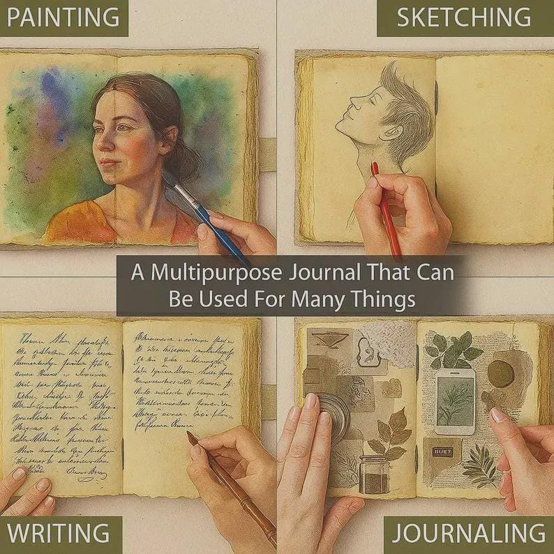May include: A journal with four panels showing different uses: painting a portrait with a brush, sketching a profile with a red pencil, writing cursive text with a pen, and journaling with collage elements. The text reads: A Multipurpose Journal That Can Be Used For Many Things.