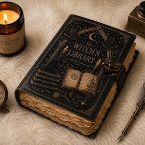 Diario de la Biblioteca de la Bruja / Diario de cuero de estilo Dark Academia / Cuaderno gótico / Regalo de bruja para ella / Diario de Halloween del Grimorio de la Luna Cuervo