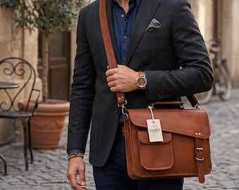 Bolso bandolera de cuero genuino hecho a mano / Bolso bandolera vintage marrón para portátil con nombre personalizado para hombre / Bolso bandolera con solapa personalizado, ideal como regalo.