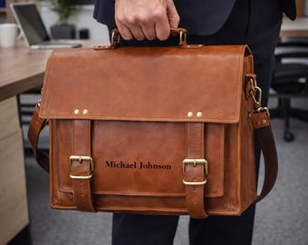 Handmade Full Grain Genuine Leather Messenger bag| Personalized Laptop satchel | Name Engraved Leather briefcase | Custom Gift for Men/women