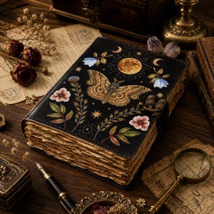 May include: A black journal with a metal latch featuring a moth, a full moon, stars, and floral illustrations on the cover. The book has thick, deckled-edge pages that appear aged and textured, creating a distinct look for this bound notebook.