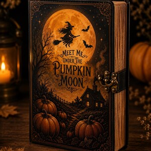 May include: A black hardcover book with a metal latch closure, featuring a gold-toned illustration of a witch on a broomstick, a large full moon, pumpkins, and a house. The text "MEET ME UNDER THE PUMPKIN MOON" is printed in the center.