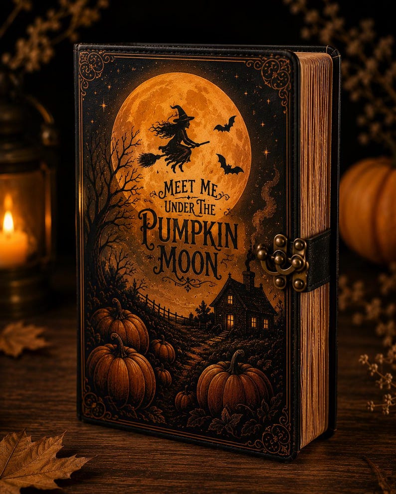 May include: A black hardcover book with a metal latch closure, featuring a gold-toned illustration of a witch on a broomstick, a large full moon, pumpkins, and a house. The text "MEET ME UNDER THE PUMPKIN MOON" is printed in the center.
