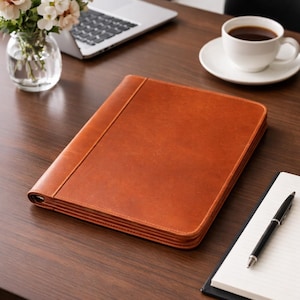 Personalized Leather Portfolio, Zippered A4 Notepad Holder, iPad Case