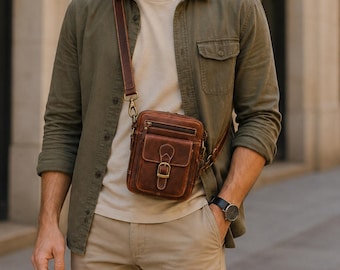Personalized leather crossbody, mens shoulder bag , Small messenger bag, Mobile Phone Sling Bags, genuine leather crossbody Bag, Men's Gift