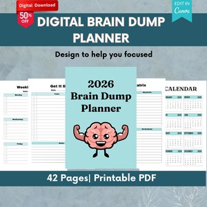 Op de afbeelding: Een digitale brain dump planner voor 2026 met een lichtblauwe omslag met een cartoonbrein dat zijn spieren spant. De planner bevat wekelijkse, taak- en kalenderpagina's. De tekst luidt "Digital Brain Dump Planner" en "42 Pages | Printable PDF".
