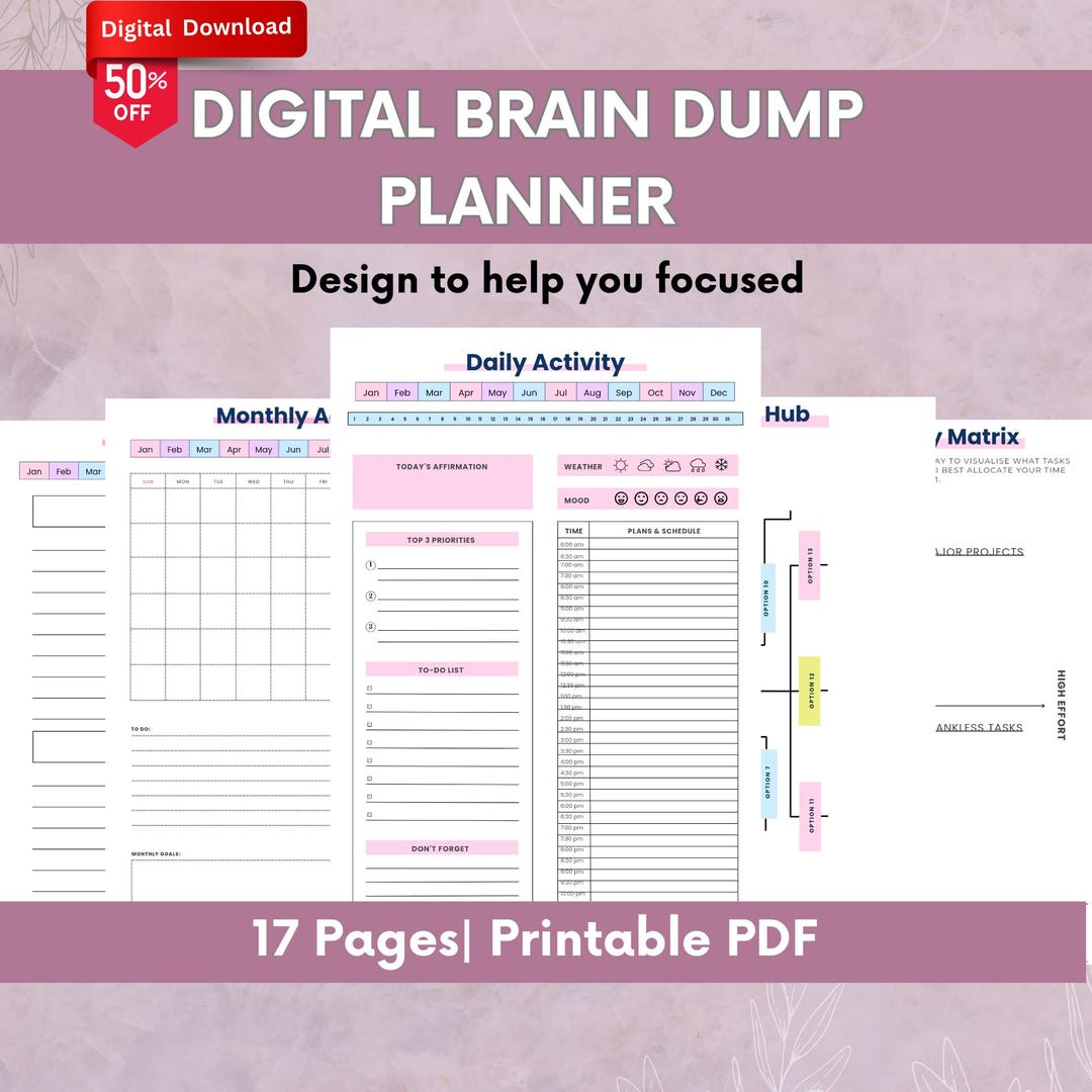 Brain Dump Digital Planner | Printable ADHD Daily Weekly Monthly ...