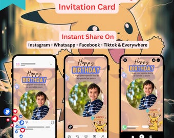 Plantilla editable de Canva para invitación de fiesta de cumpleaños de Pokémon / Video de tarjeta de cumpleaños animada de Pikachu para compartir al instante