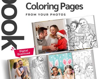 Arte lineal personalizado de páginas para colorear con fotos: Libro para colorear personalizado, descarga digital, retrato familiar personalizado, regalo de boda, Navidad y Pascua.