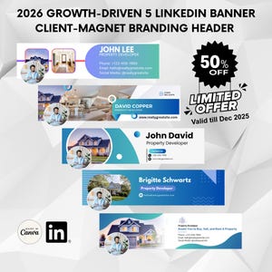 May include: A promotional graphic showcasing LinkedIn banner templates. The design includes five different banners for property developers, each with a professional layout and contact details. A 50% off limited offer is also displayed, valid until December 2025.