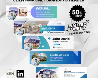 Plantillas de banner de LinkedIn editables para inmobiliarias en Canva / Plantilla de encabezado de LinkedIn para agentes inmobiliarios / Paquete de diseños de portada de marca personal