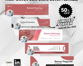 Plantilla de banner de LinkedIn para reclutador de gerente de recursos humanos / 5 plantillas de encabezado de LinkedIn editables al instante en Canva / Diseños de portada de marca profesional