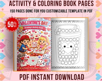 150 Valentines Day Coloring pages Gift for Kids, Printable Valentine Coloring Book Card activities worksheet page, Coloringbook