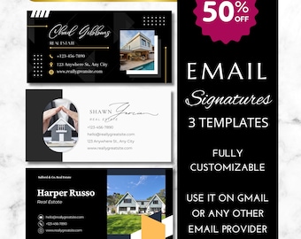 Plantillas de firmas de correo electrónico, firmas de correo electrónico para agentes inmobiliarios, marcas y diseños editables de Canva (paquete de 3)