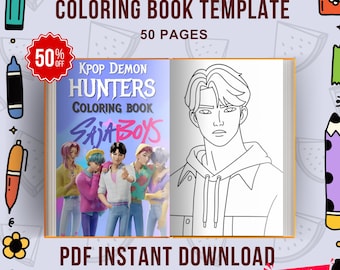 Dibujos para colorear de chicos Saja, libro para colorear imprimible de cazadores de demonios del K-pop, descarga instantánea en PDF para fans coreanos del K-pop.
