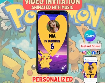 Plantilla de Canva de invitación de video de tarjeta de cumpleaños de Pokémon personalizable y editable, diseño de invitación de fiesta de Pikachu animado, descarga instantánea para compartir