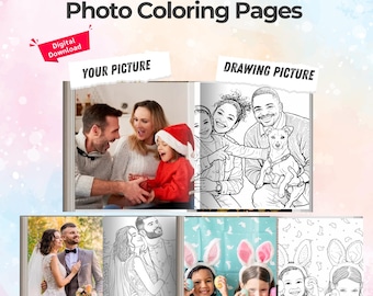 Arte lineal personalizado de páginas para colorear con fotos: retrato familiar personalizado, libro para colorear personalizado, descarga digital
