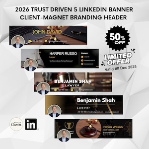May include: A promotional graphic for LinkedIn banners, featuring five designs for lawyers. Each banner includes a professional headshot, name, and contact information. A "50% OFF LIMITED OFFER" is also displayed.