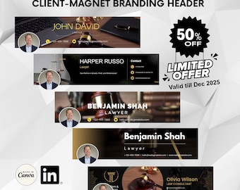 Plantillas editables de banner de LinkedIn en Canva para abogados que buscan la confianza / 5 fotos de portada para encabezados de empresas de marca personal de LinkedIn