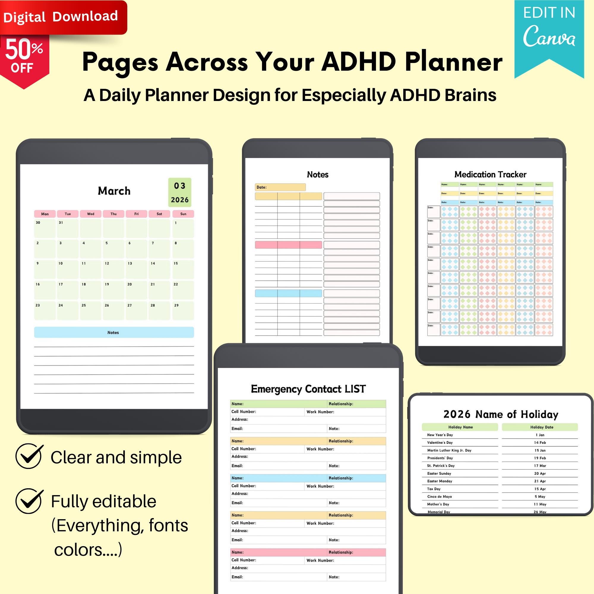 2026 Editable ADHD Planner for Kids Canva Template | Daily Weekly ...